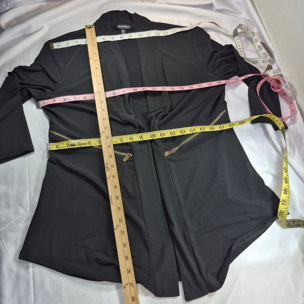 Ellen Tracy Black Draped Open-Front Cardigan Gold Zip Detail Woman's Large - Picture 8 of 13